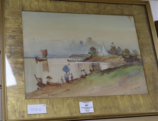 Maung Saya Saung (Burmese), watercolour, figures on a riverbank, 27 x 37cm and another watercolour by the same hand, 24.5 x 32.5cm